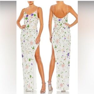 Mac Duggal White Maxi Dress with Floral Accents